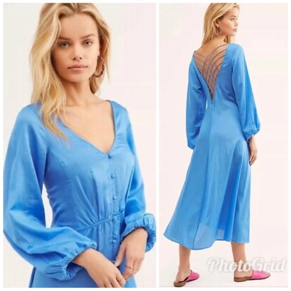 FREE PEOPLE Later Days Blue Button Front Long Sleeve Midi Dress Size‎ 0 New - Picture 13 of 13